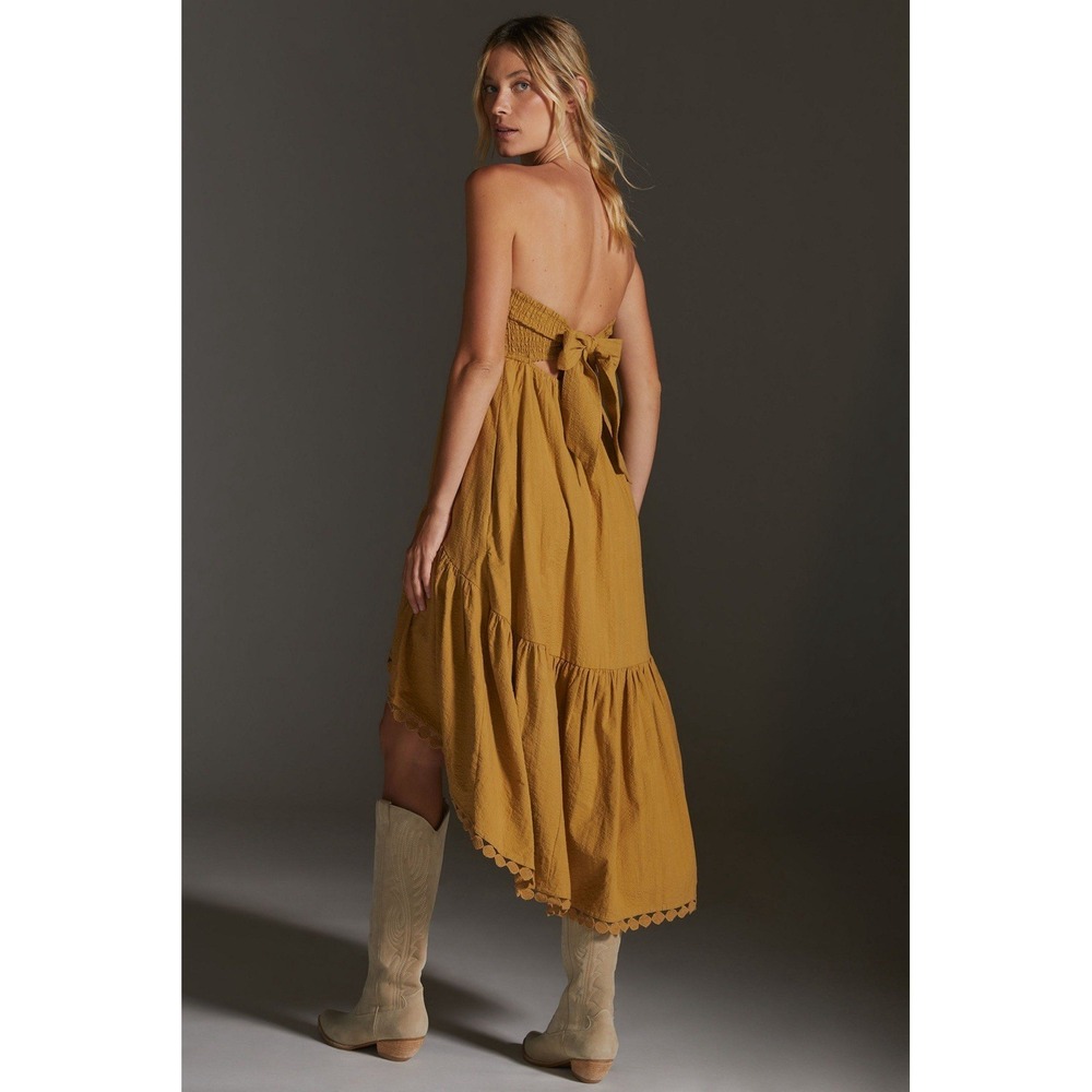 Anthropologie Maeve high low strapless dress XS Mustard gold tiered midi